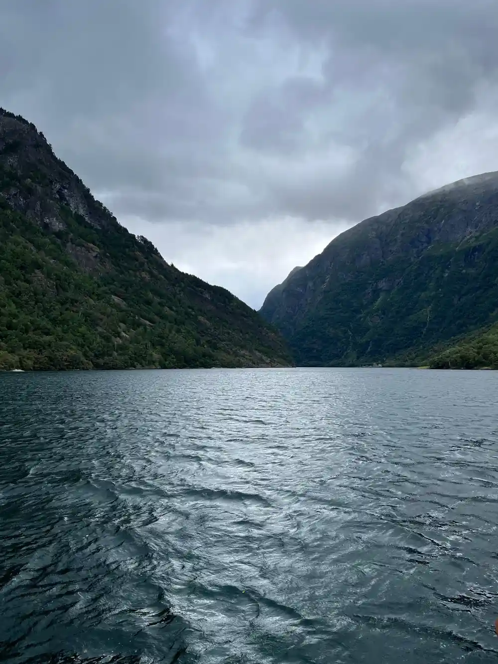 The fjord ahead of the boat between two rounded headlands