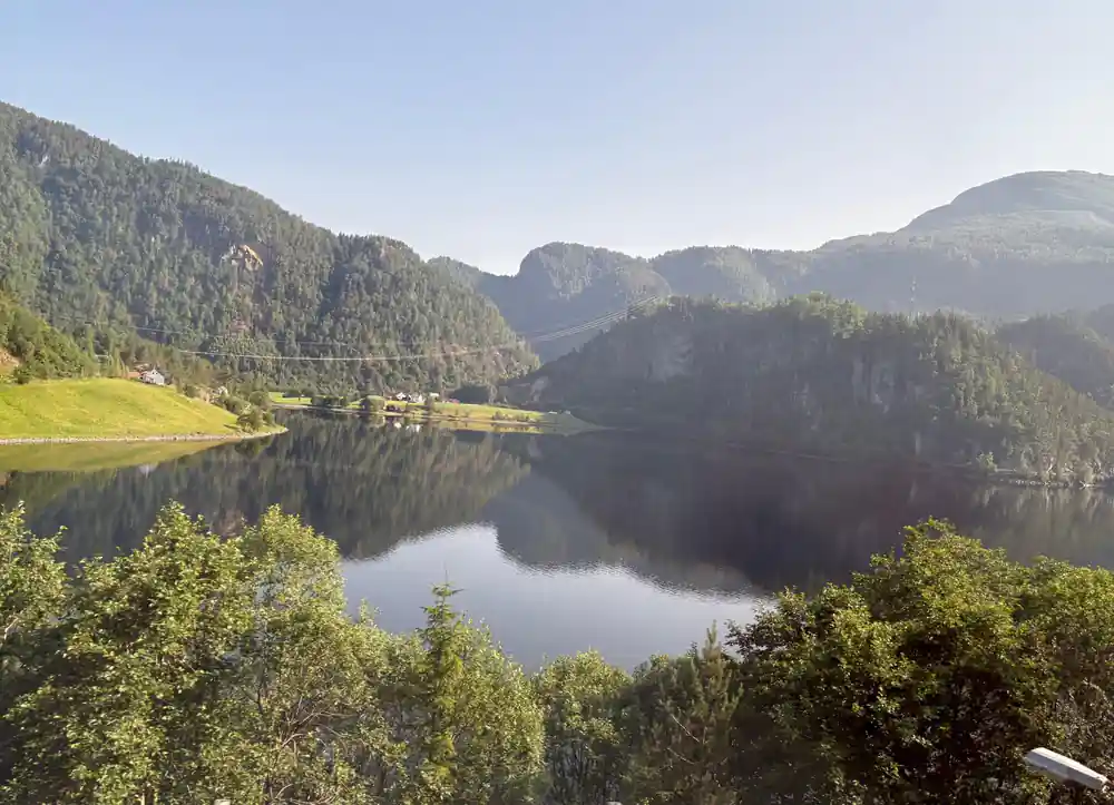 A still reflection of the mountains in the fjord seen through trees