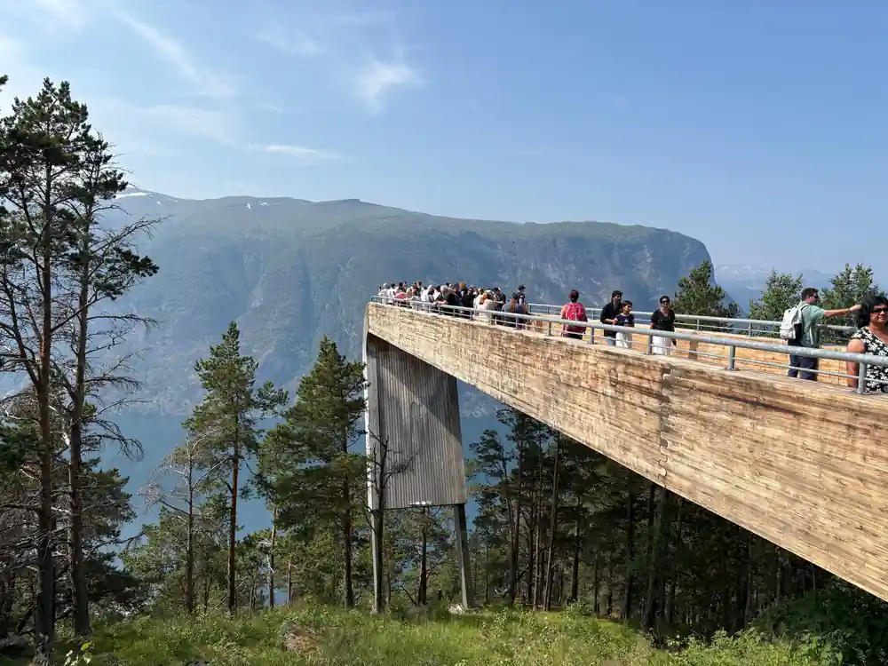 The timber viewing platform reaching out above the fjord with visitors along it