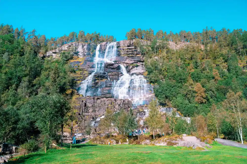 Tvindefossen breaking into strands down a wooded rock face