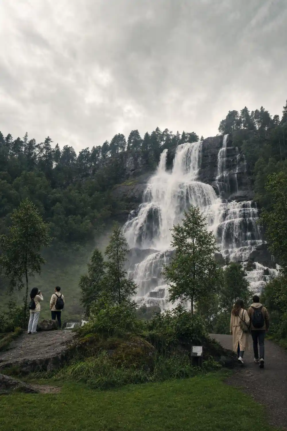Tvindefossen in flat light with people at its base
