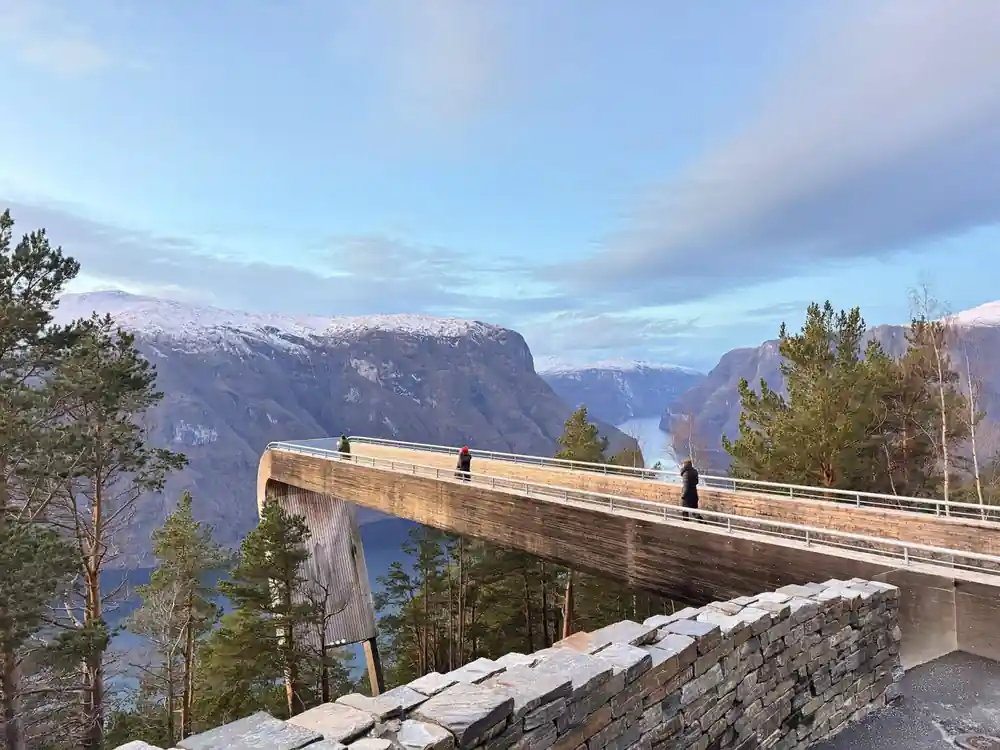 The viewing platform reaching out into the air above the fjord